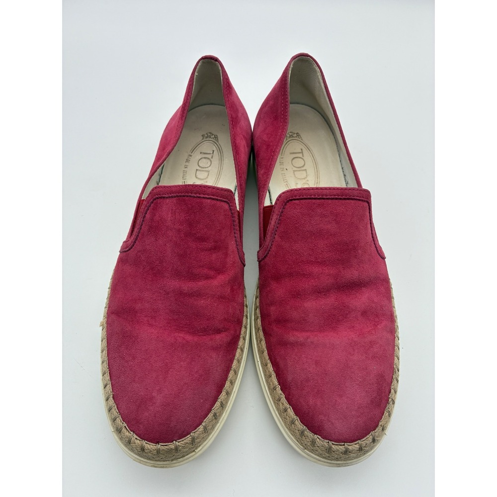 Tods Suede Espadrille Slip On Sneakers Pink Fuchsia Jute Platform Flats sz 9 39